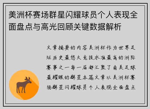美洲杯赛场群星闪耀球员个人表现全面盘点与高光回顾关键数据解析
